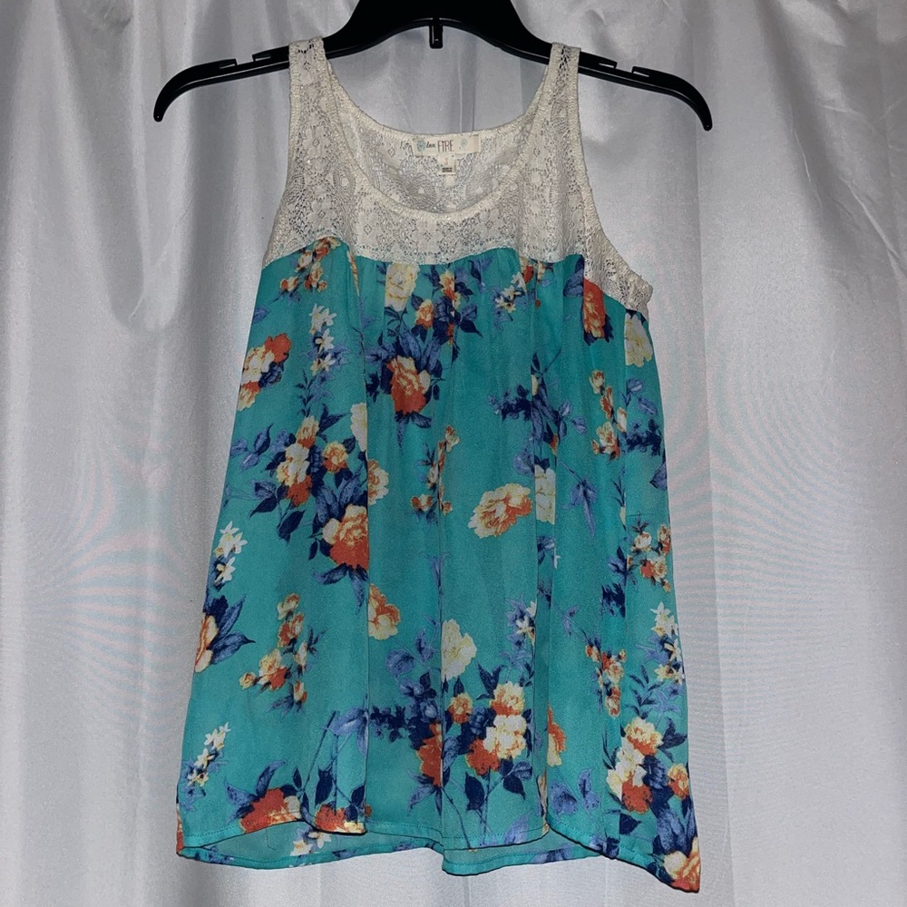Blue floral tank w/ cream lace size small